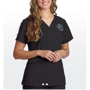 Black Healing Hands Paw Print Embossed L Scrub Top